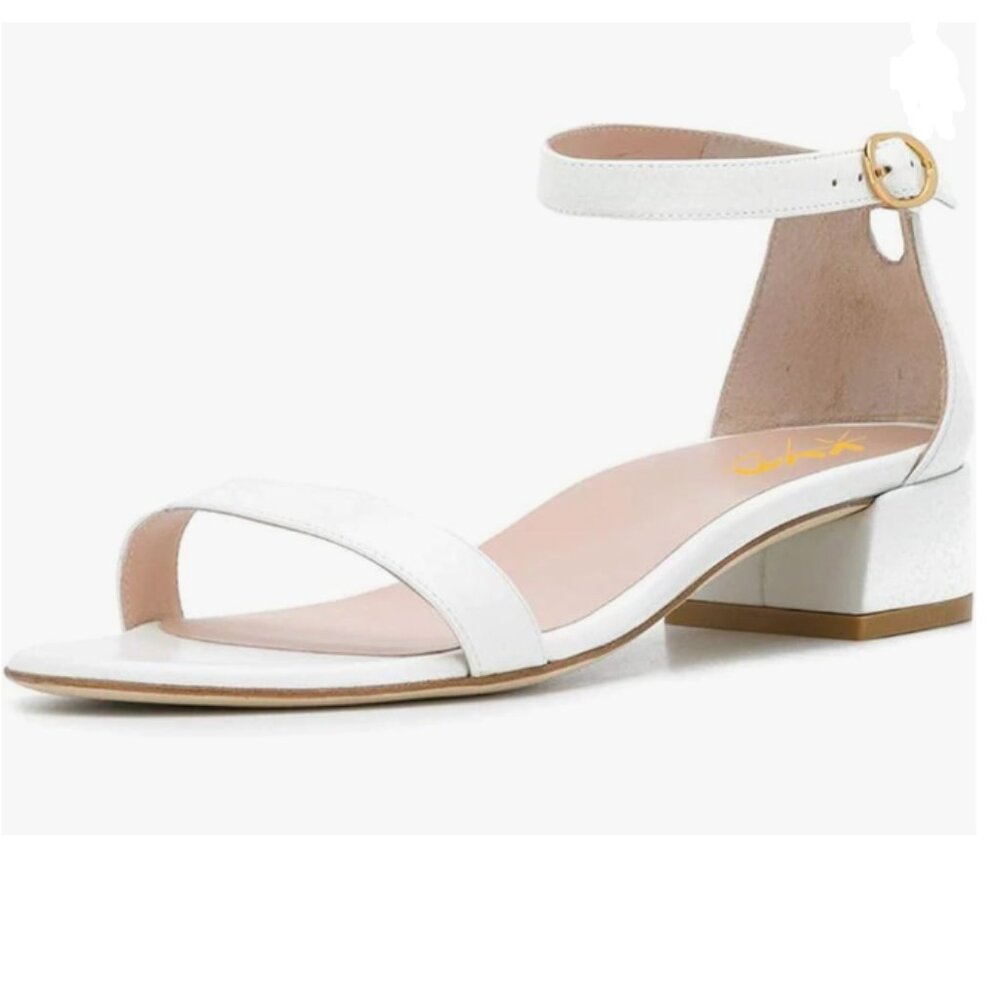 XYD White Open Toe Ankle Strap Buckled Low Chunky Heel Wedding Dress Sandal